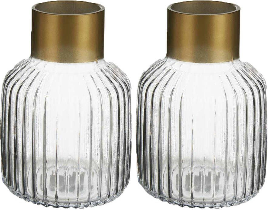 Giftdeco Bloemenvazen 2x stuks luxe decoratie glas transparant goud 14 x 22 cm Vazen