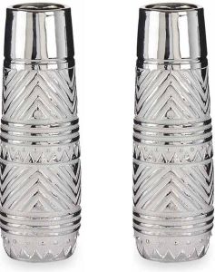 Giftdeco Bloemenvazen 2x stuks zilver met modern luxe motief 10 x 30 cm keramiek Vazen