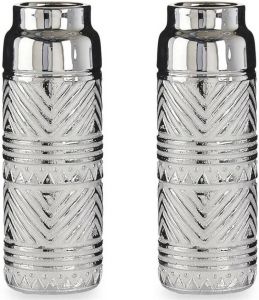 Giftdeco Bloemenvazen 2x stuks zilver met modern luxe motief 10 x 30 cm keramiek Vazen