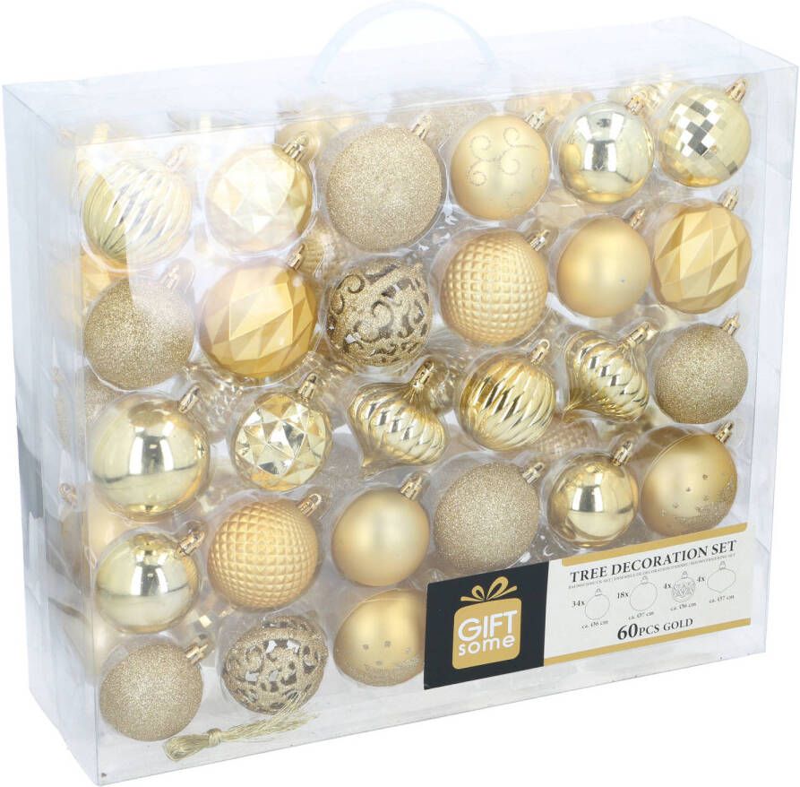 Giftsome Gouden Kersballen Set 60 Kunststof Kerstballen Incl. Gouden Piek Kerst Decoratie Ø6 7 cm