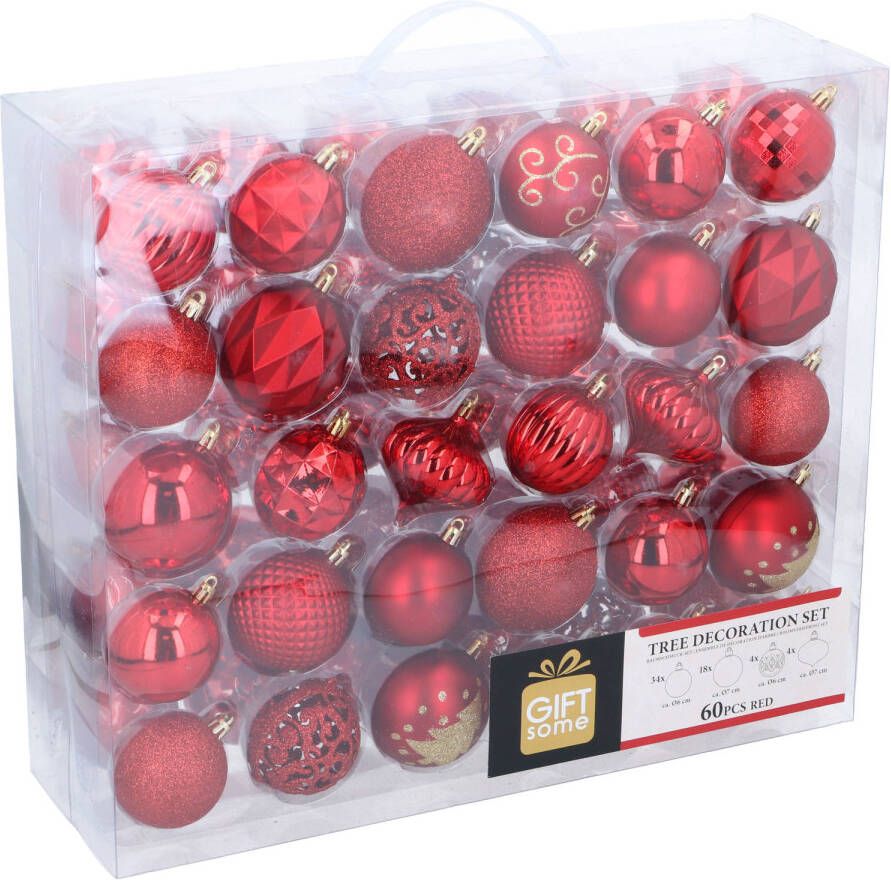 Giftsome 60 Kerstballen Rood Kerstdecoratie Mix Kerstboom Versiering Plastic