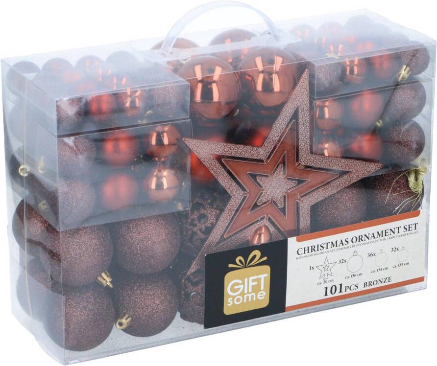 Giftsome Christmas Gifts 101 Kerstballen Set Plastic Kunststof Ø3 4 6 cm Mat Glanzend Glitter en Open Brons