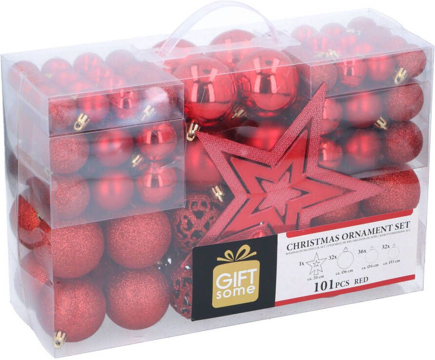 Giftsome Christmas Gifts 101 Kerstballen Set Plastic Kunststof Ø3 4 6 cm Mat Glanzend Glitter en Open Rood