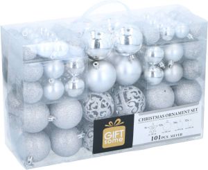 Giftsome Christmas Gifts 101 Kerstballen Set Plastic Kunststof Ø3 4 6 cm Mat Glanzend Glitter en Open Zilver
