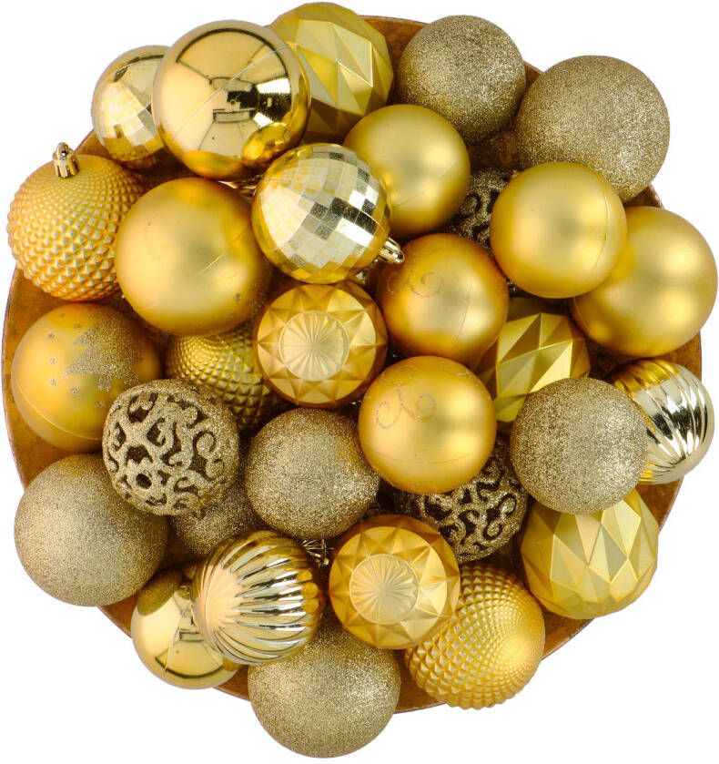 Giftsome Gouden Kersballen Set 60 Kunststof Kerstballen Incl. Gouden Piek Kerst Decoratie Ø6 7 cm