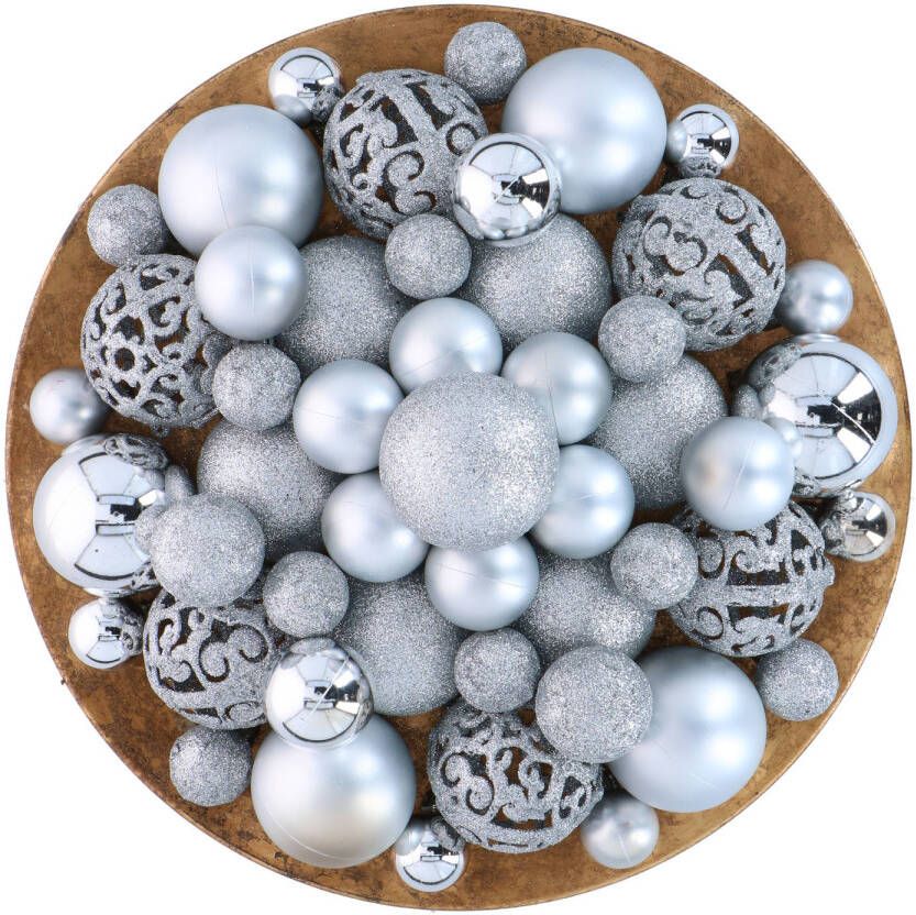 Giftsome Christmas Gifts 101 Kerstballen Set Plastic Kunststof Ø3 4 6 cm Mat Glanzend Glitter en Open Zilver