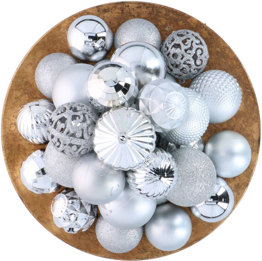 Giftsome ZilverenKersballen Set 60 Kunststof Kerstballen Incl. Zilveren Piek Kerst Decoratie Ø6 7 cm