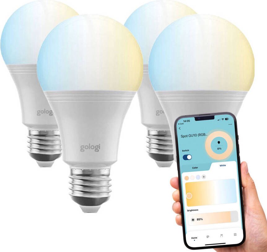 Gologi Slimme E27 Bulb Lamp Smart WiFi LED Dimbaar CCT Mobiele App Sfeerverlichting 800 lumen 4 stuks