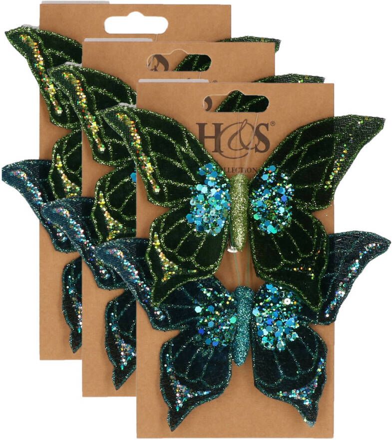 H&S Collection 6x stuks kunststof decoratie vlinders op clip groen blauw 10 x 15 cm Kunstbloemen