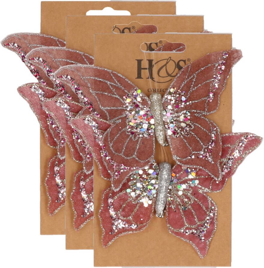H&S Collection 6x stuks kunststof decoratie vlinders op clip roze 10 x 15 cm Kunstbloemen