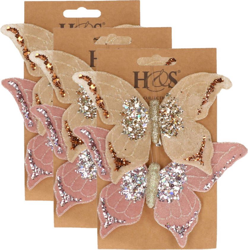 H&S Collection 6x stuks kunststof decoratie vlinders op clip roze en beige 10 x 15 cm Kunstbloemen