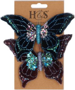 H&S Collection 2x Stuks Kunststof Decoratie Vlinders Op Clip Paars En Blauw 10 X 15 Cm Kunstbloemen