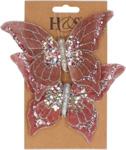 H&S Collection 2x Stuks Kunststof Decoratie Vlinders Op Clip Roze 10 X 15 Cm Kunstbloemen