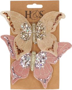 H&S Collection 2x Stuks Kunststof Decoratie Vlinders Op Clip Roze En Beige 10 X 15 Cm Kunstbloemen