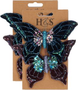 H&S Collection 4x Stuks Kunststof Decoratie Vlinders Op Clip Paars En Blauw 10 X 15 Cm Kunstbloemen