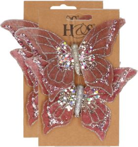 H&S Collection 4x Stuks Kunststof Decoratie Vlinders Op Clip Roze 10 X 15 Cm Kunstbloemen