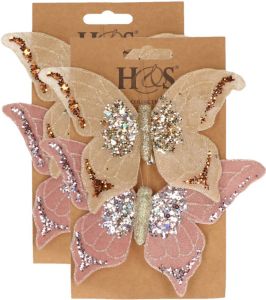 H&S Collection 4x Stuks Kunststof Decoratie Vlinders Op Clip Roze En Beige 10 X 15 Cm Kunstbloemen