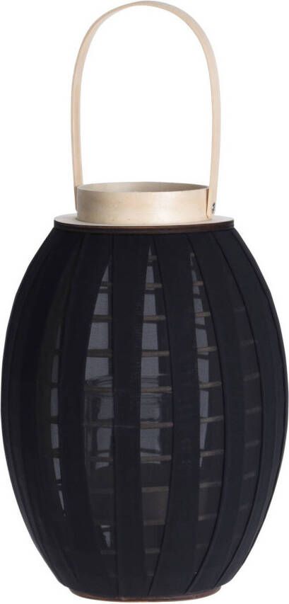 H&S Collection Houten kaarsenhouder lantaarn met stof zwart 34 cm Lantaarns