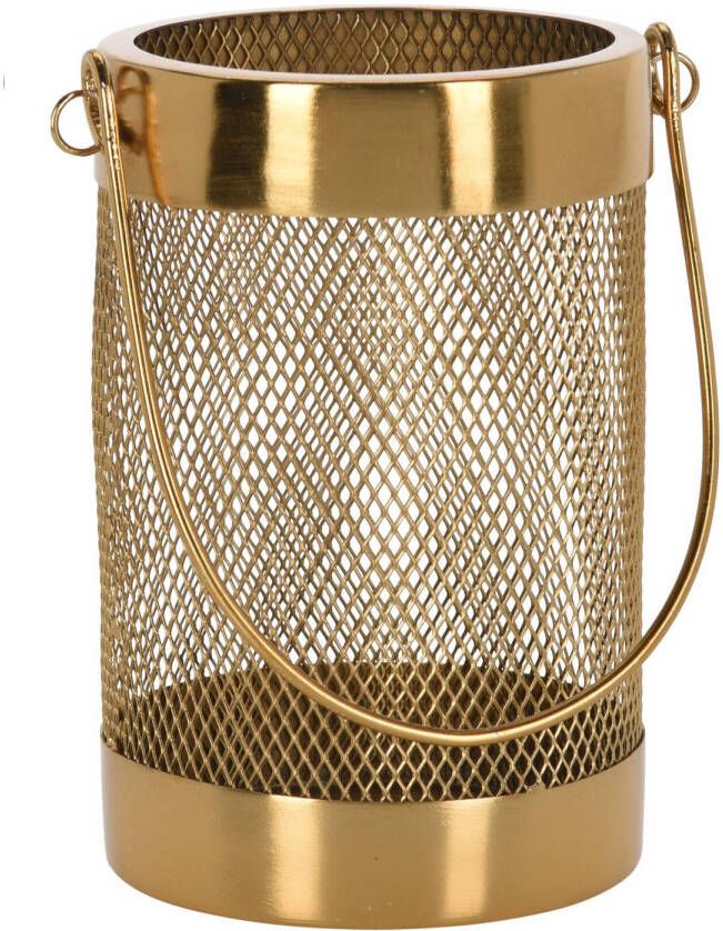 H&S Collection Metalen theelichthouder lantaarn goud 12 cm Lantaarns