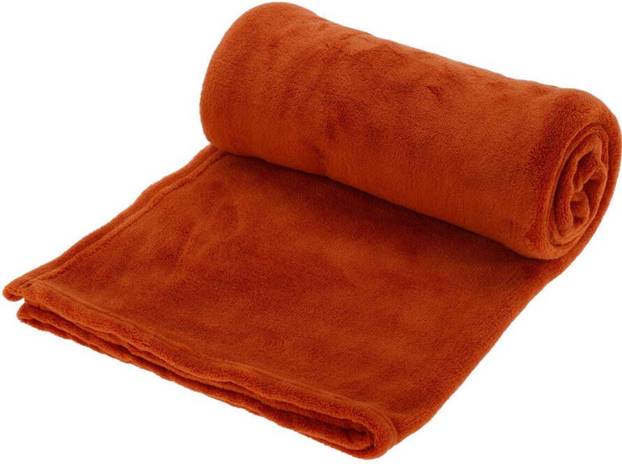H&S Collection H&S fleece deken dekentje plaid polyester roest oranje 125 x 150 cm Plaids