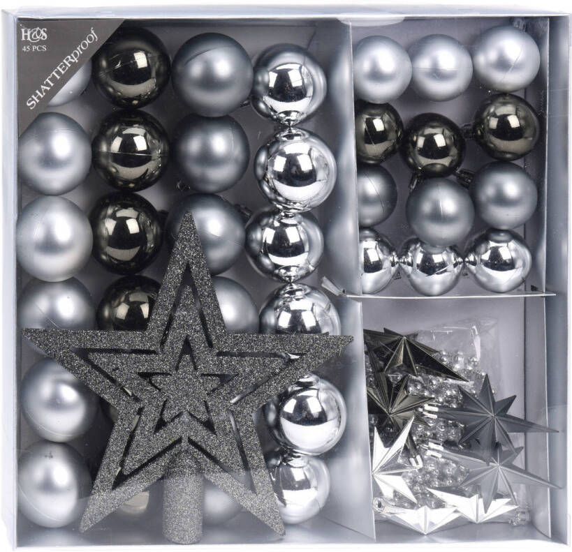 H&S Collection Set 44-delig kunststof kerstboomversiering grijs tinten met kerstballen slingers en piek Kerstbal