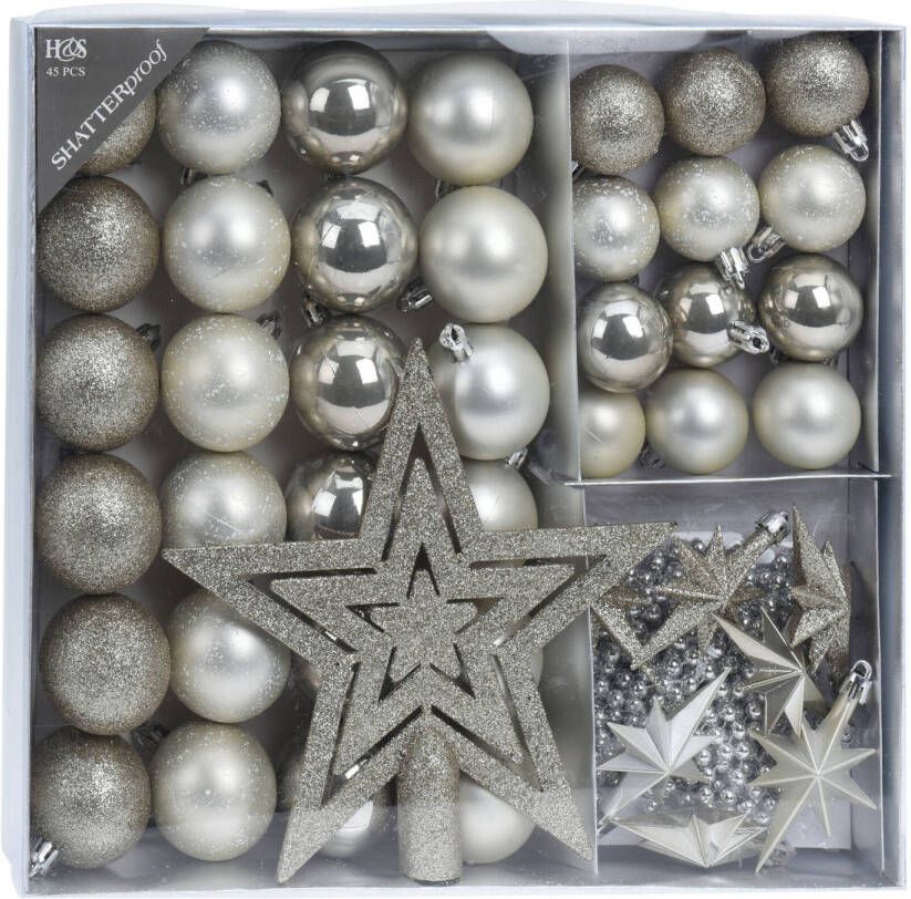 H&S Collection Set 44-delig kunststof kerstboomversiering parel wit met kerstballen slingers en piek Kerstbal