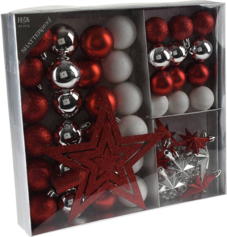 H&S Collection Set 44-delig kunststof kerstboomversiering rood wit zilver met kerstballen slingers en piek Kerstbal