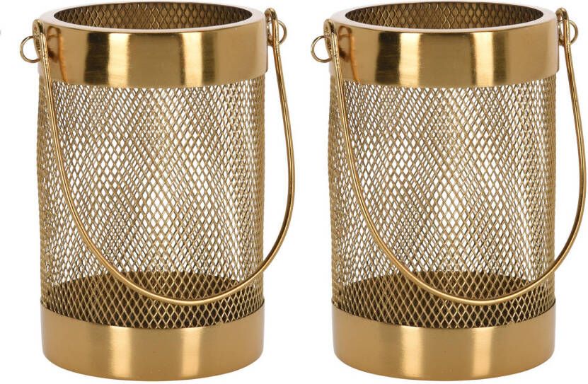 H&S Collection Set van 2x stuks metalen theelichthouder lantaarn goud 12 cm Lantaarns