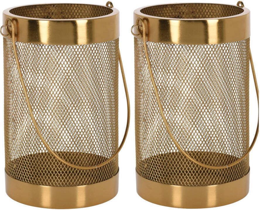 H&S Collection Set van 2x stuks metalen theelichthouder lantaarn goud 21 cm Lantaarns