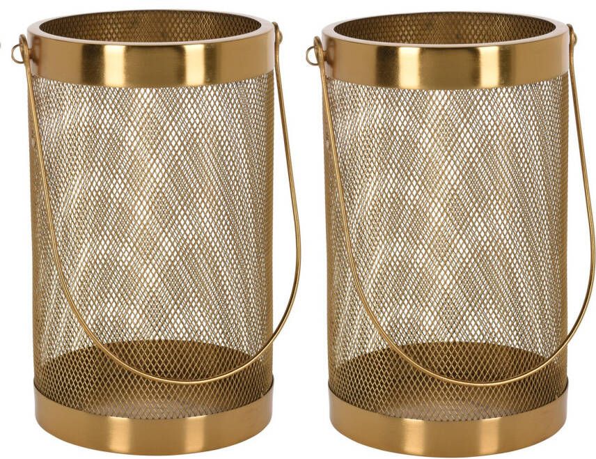 H&S Collection Set van 2x stuks metalen theelichthouder lantaarn goud 26 cm Lantaarns