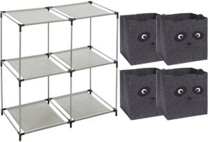 H&S Collection Kastmandjes opberg mandjes panda print grijs 4x stuks van 29L In rekje van 68 x 68 cm Opbergmanden