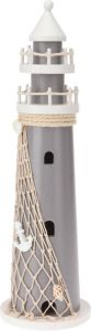 H&S Collection Maritieme decoratie beeldje Vuurtoren Hout 11 x 37 cm grijs wit Beeldjes