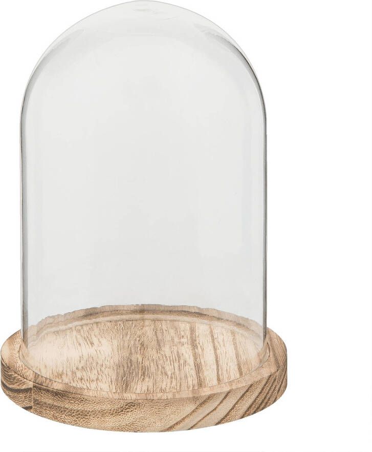 HAES deco Decoratieve glazen stolp met lichtbruin houten voet diameter 12 cm en hoogte 17 cm ST021681