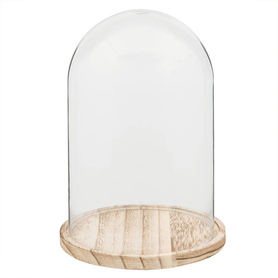 HAES deco Decoratieve glazen stolp met lichtbruin houten voet diameter 15 cm en hoogte 23 cm ST021691