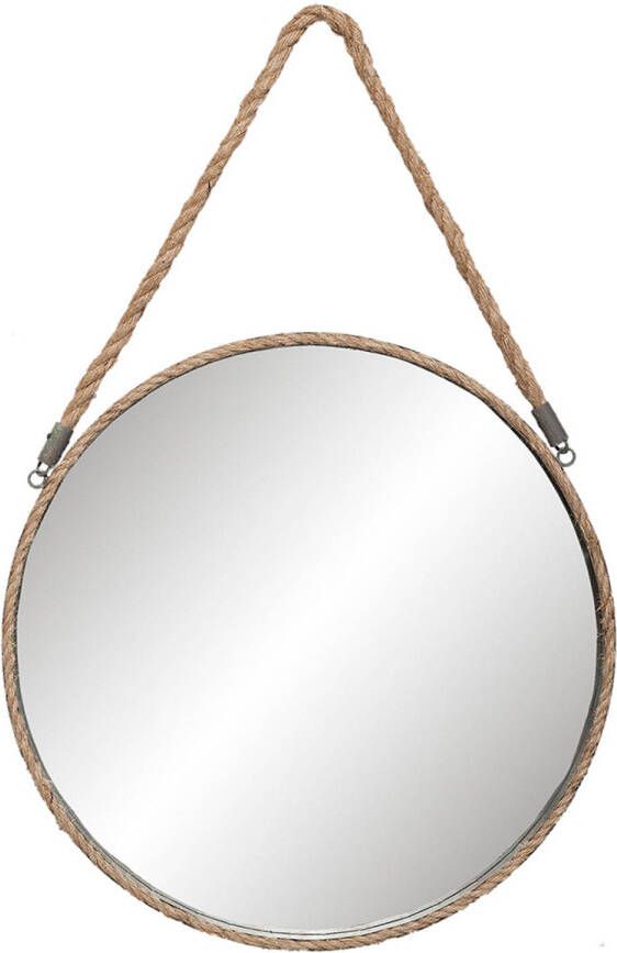 HAES deco Grote ronde Spiegel aan Touw Bruin Ø 47x3 cm Metaal Wandspiegel Spiegel rond
