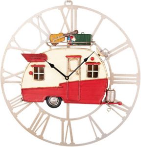 HAES deco Retro Wandklok Caravan 48x50 cm Rood met Wit Metaal Wijzerplaat met Romeinse Cijfers Metalen Klok
