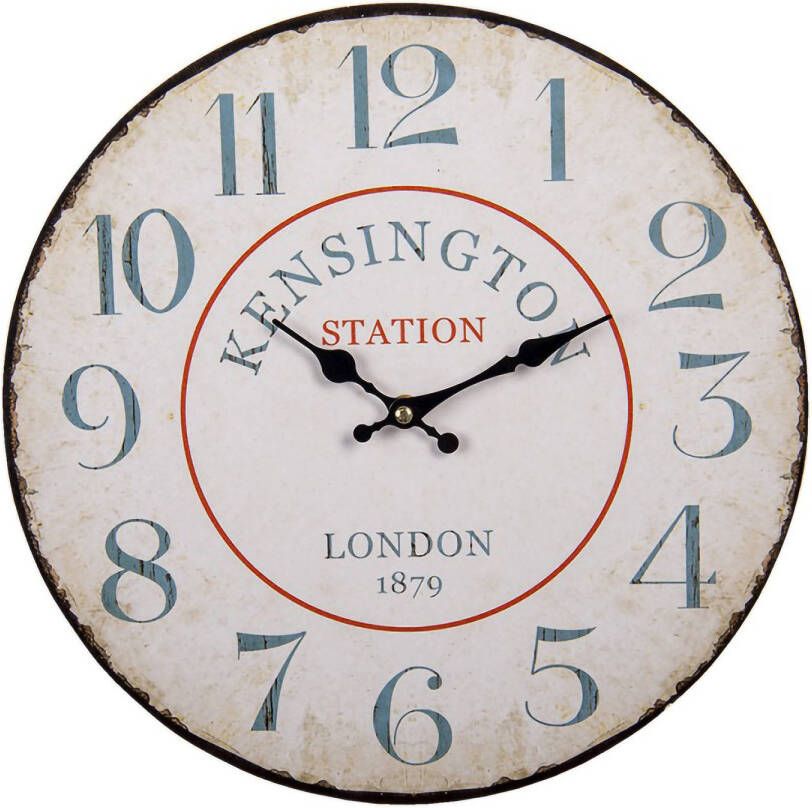 HAES deco Wandklok 34 cm Vintage Wit met tekst Kensington Station Wijzerplaat met Cijfers Ronde MDF Klok