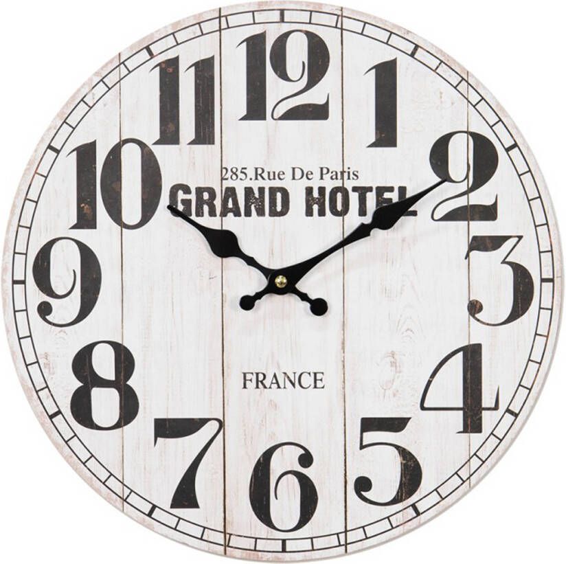 HAES deco Wandklok 34 cm Vintage Wit Zwart met tekst GRAND HOTEL Wijzerplaat met Cijfers Ronde MDF Klok