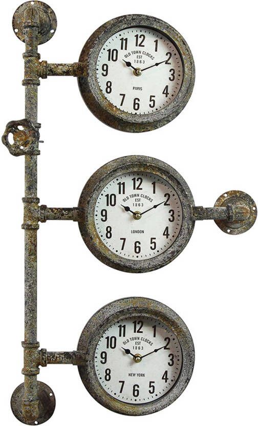 HAES deco Wandklok Industrieel met 3 klokjes Metalen Industriele Vintage Muurklok formaat 69x41x16 cm