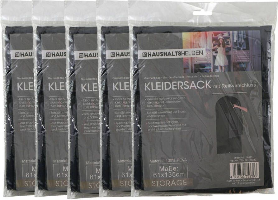 Haushalt Kledinghoes beschermhoes met rits 5x zwart polyester 61 x 135 cm Kledinghoezen