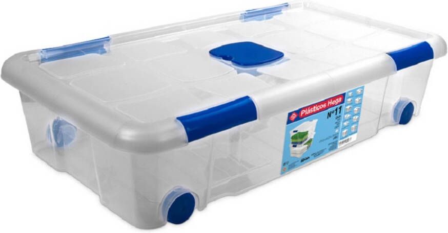 Hega Hogar 1x Opbergboxen opbergdozen met deksel en wieltjes 30 liter kunststof transparant blauw 73 x 41 x 17 cm Opbergbakken Opbergbox