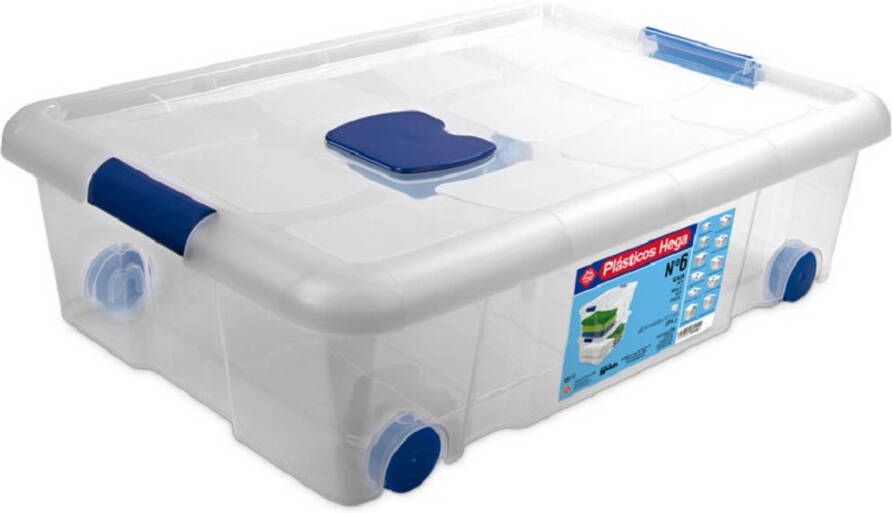 Hega Hogar 1x Opbergboxen opbergdozen met deksel en wieltjes 31 liter kunststof transparant blauw 61 x 44 x 18 cm Opbergbakken Opbergbox