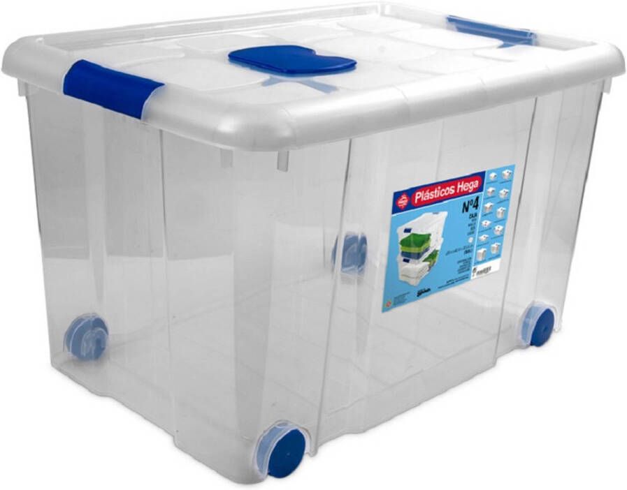 Hega Hogar Opbergboxen opbergbox met deksel en wieltjes 55L kunststof transparant blauw 59 x 40 x 35 cm Opbergbox