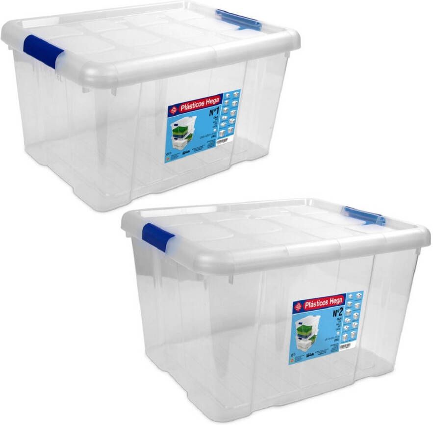 Hega Hogar 2x Opbergboxen opbergdozen met deksel 16 en 25 ltr kunststof transparant blauw 39 x 29 5 x 21 en 42 x 35 x 25 cm Opbergbakken Opbergbox