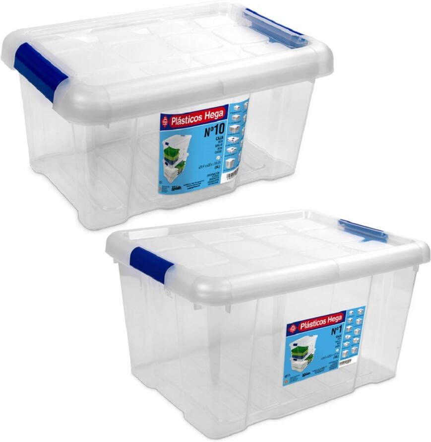 Hega Hogar 2x Opbergboxen opbergdozen met deksel 5 en 16 ltr kunststof transparant blauw 29 x 20 x 15 en 39 x 29 5 x 21 5 cm Opbergbakken Opbergbox