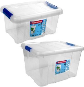 Hega Hogar 2x Opbergboxen opbergdozen met deksel 5 en 25 ltr kunststof transparant blauw 29 x 20 x 15 en 42 x 35 x 25 cm Opbergbakken Opbergbox