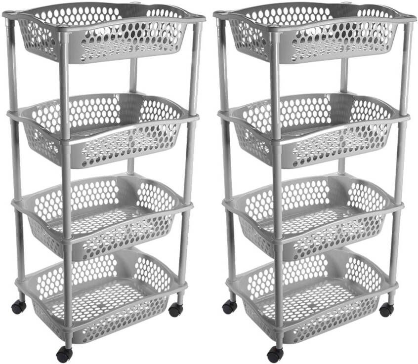 Hega Hogar 2x stuks keuken opberg trolleys roltafels met 4 manden 86 x 41 cm zilvergrijs- Etagewagentje met opbergkratten Opberg trolley