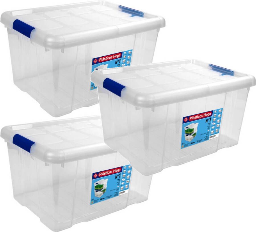 Hega Hogar 3x Opbergboxen opbergdozen met deksel 16 liter kunststof transparant blauw 39 x 29 5 x 21 5 cm Opbergbakken