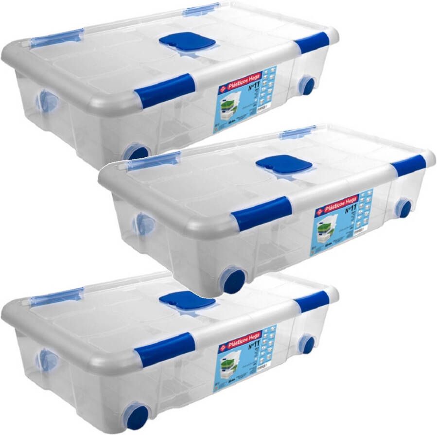 Merkloos 3x Opbergboxen opbergdozen met deksel en wieltjes 30 liter kunststof transparant blauw Opbergbox