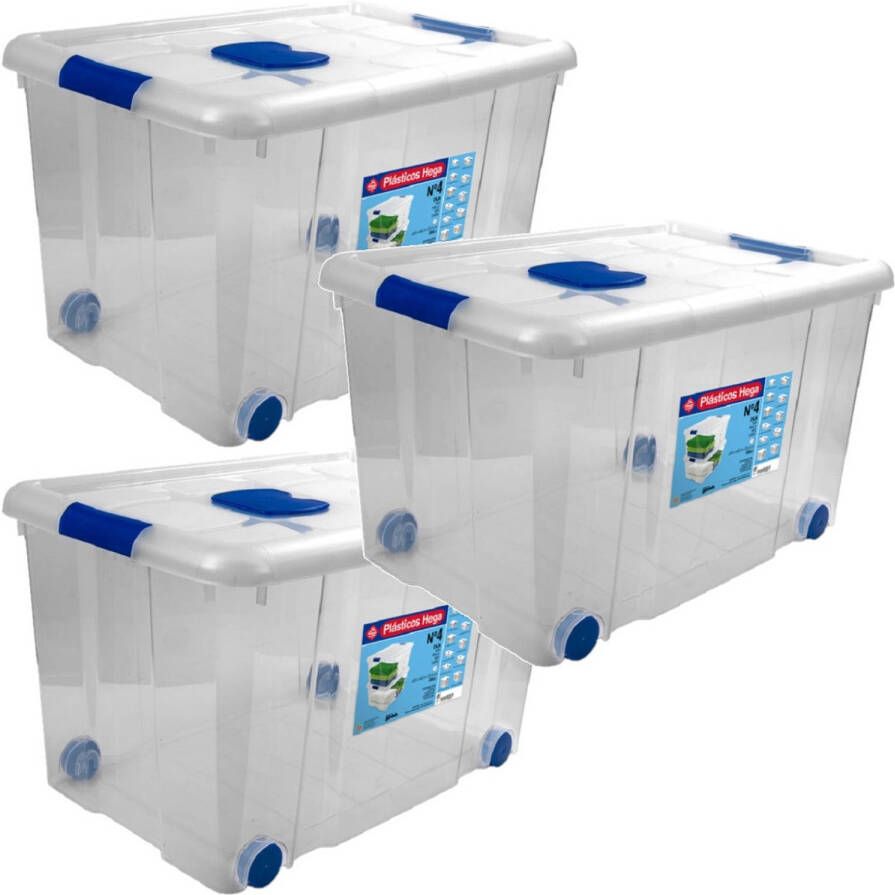 Merkloos 3x Opbergboxen opbergdozen met deksel en wieltjes 55 liter kunststof transparant blauw Opbergbox